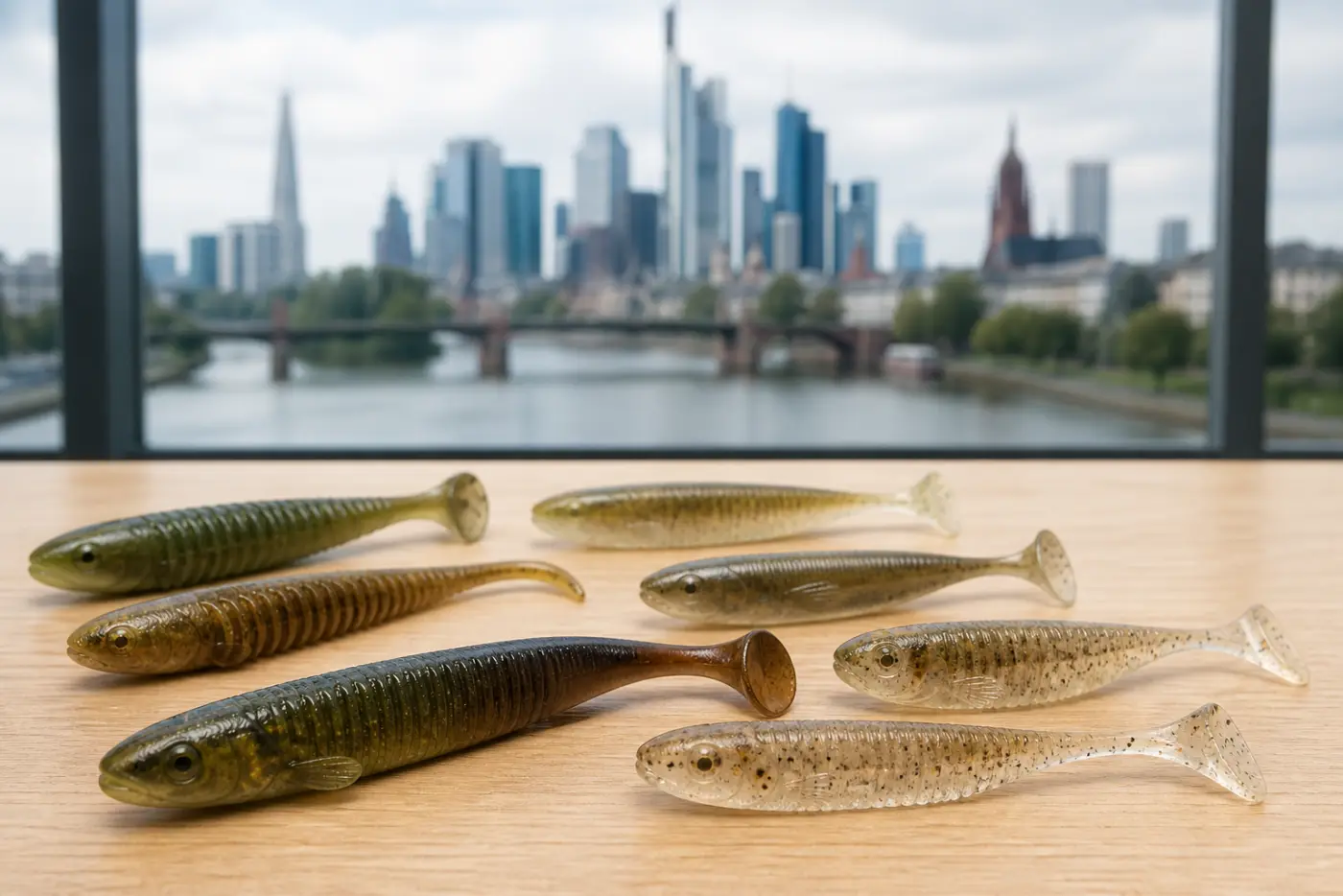 Biologisch abbaubare Gummifische auf dem Labortisch mit Blick auf Frankfurt am Main