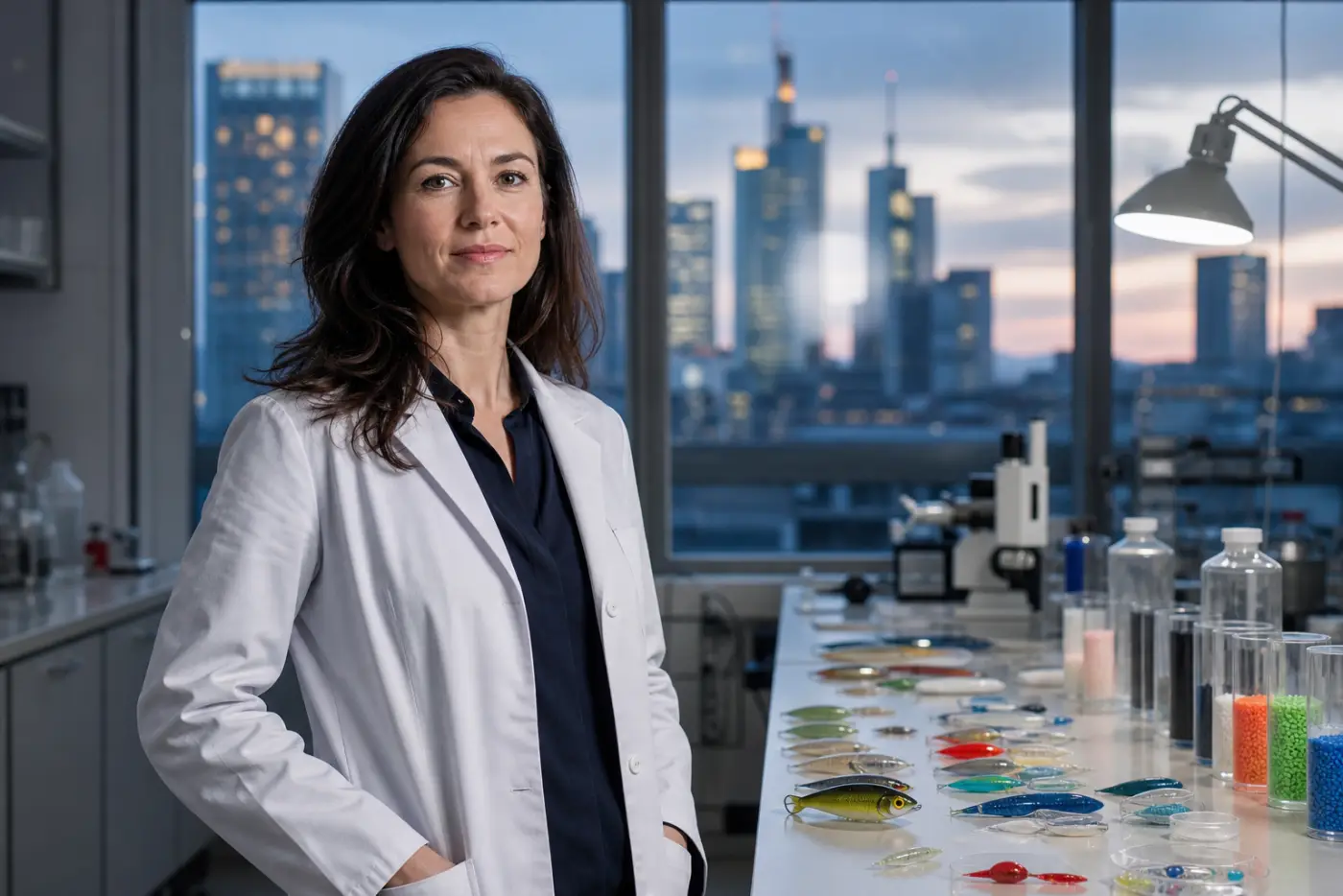 Dr. Elena Hoffmann im Werkstofflabor für Eco-Tackle in Frankfurt am Main