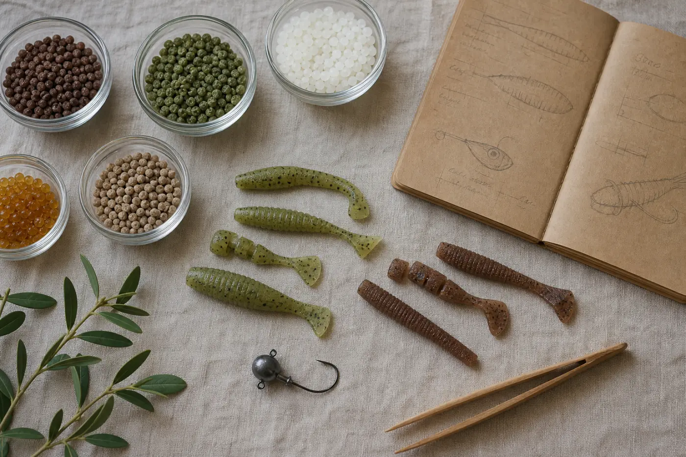 Glossar-Stillleben mit Biopolymer-Pellets und Gummiköder-Schnitten in Frankfurt am Main