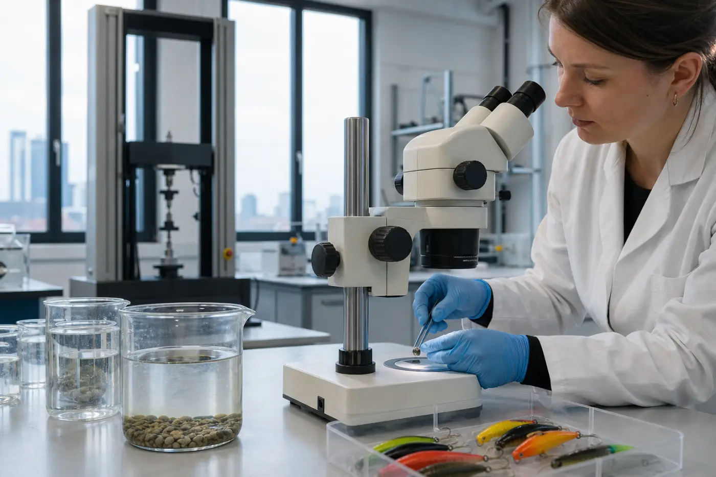 Wissenschaftlerin prüft Polymer-Gummiköder unter dem Mikroskop im Labor in Frankfurt am Main