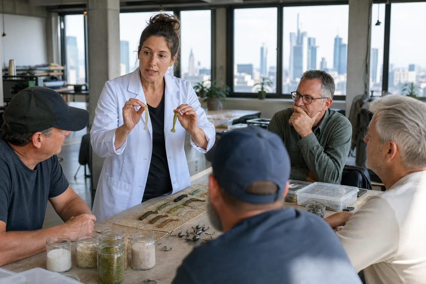 Eco-Tackle-Workshop mit Materialproben und Anglern in einem Loft in Frankfurt am Main