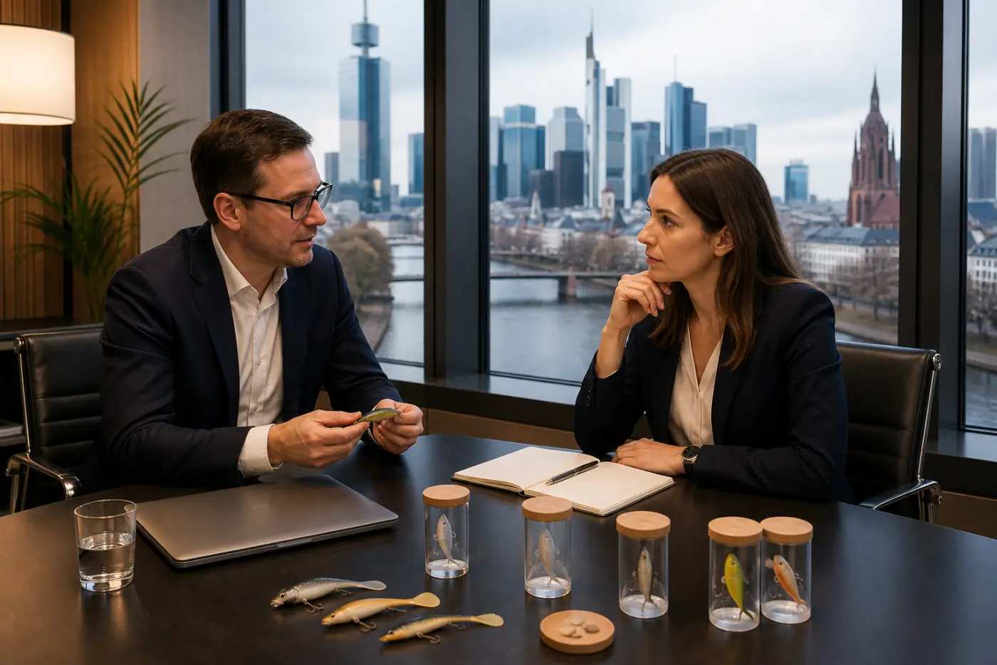 Erstgespräch zu Eco-Tackle mit Köderproben im Büro in Frankfurt am Main