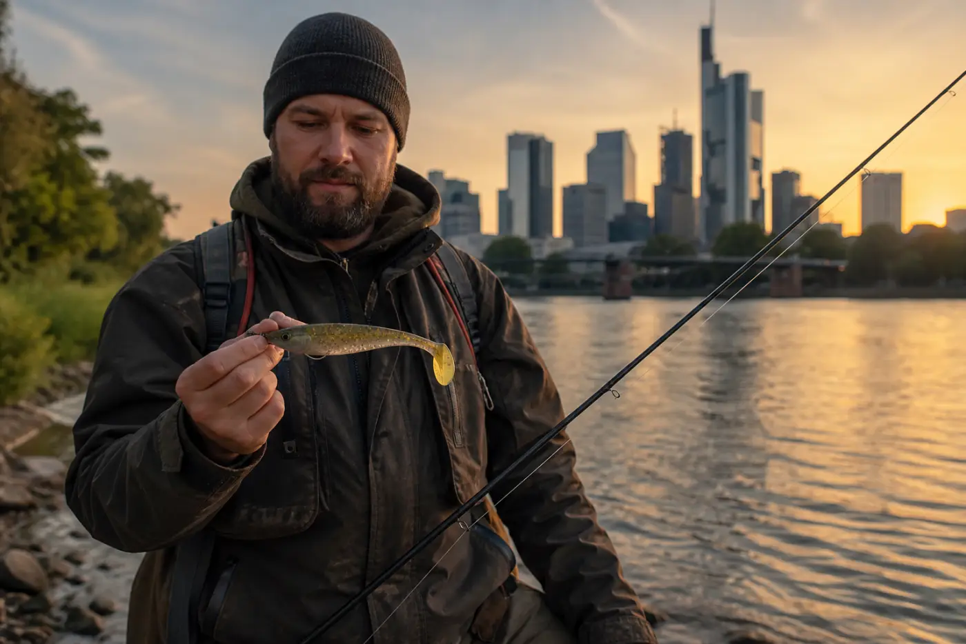 Angler hält biologisch abbaubaren Gummifisch am Mainufer in Frankfurt am Main