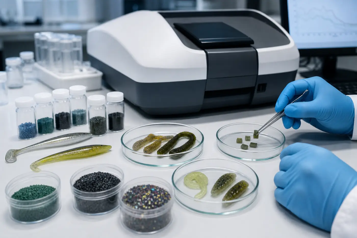 Laboranalyse von Gummiköder-Material mit Spektrometer und Proben in Frankfurt am Main