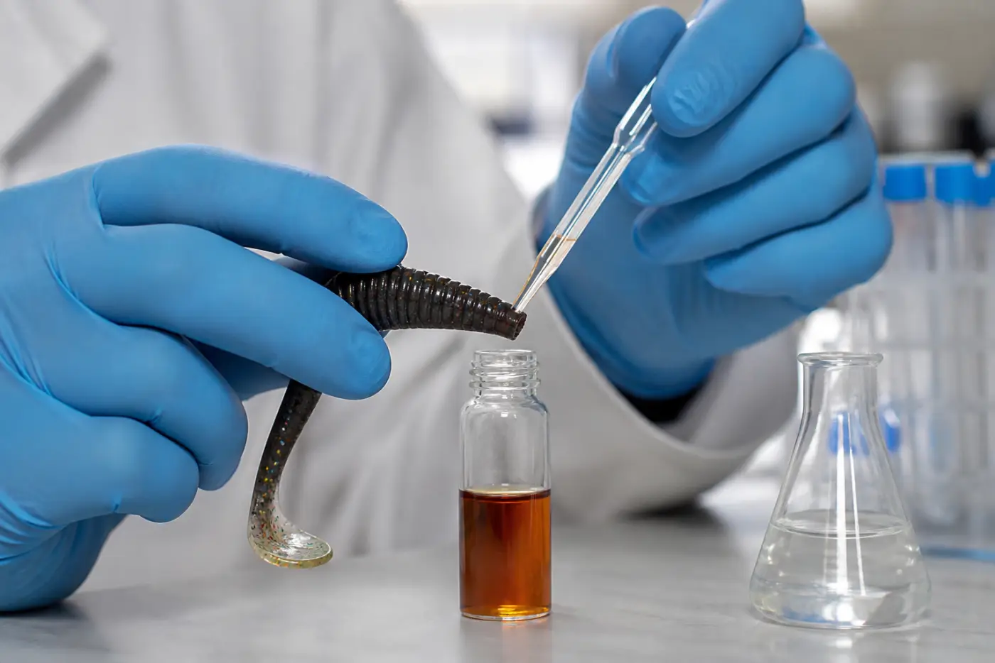 Laboranten entnehmen Weichmacher aus einem Gummiköder mit Pipette in Frankfurt am Main